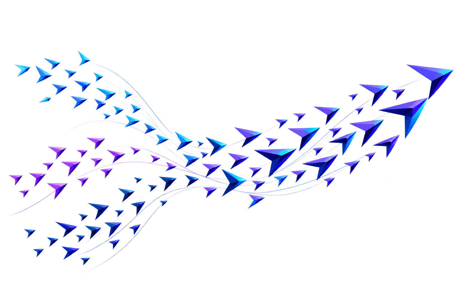 A flock of small geometric boids aligning into one coordinated system