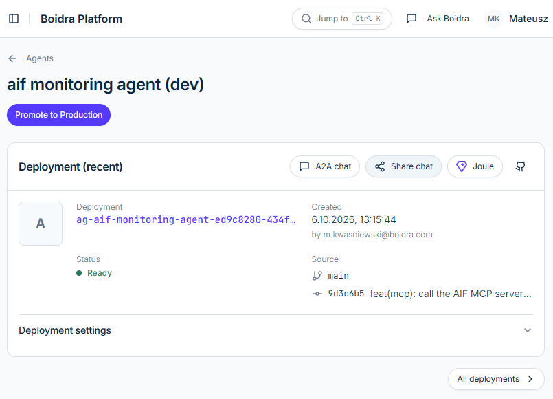 Overview of the AIF monitoring agent (dev) in Boidra Platform with Promote to Production, A2A chat, Share chat and Joule actions and the latest Ready deployment