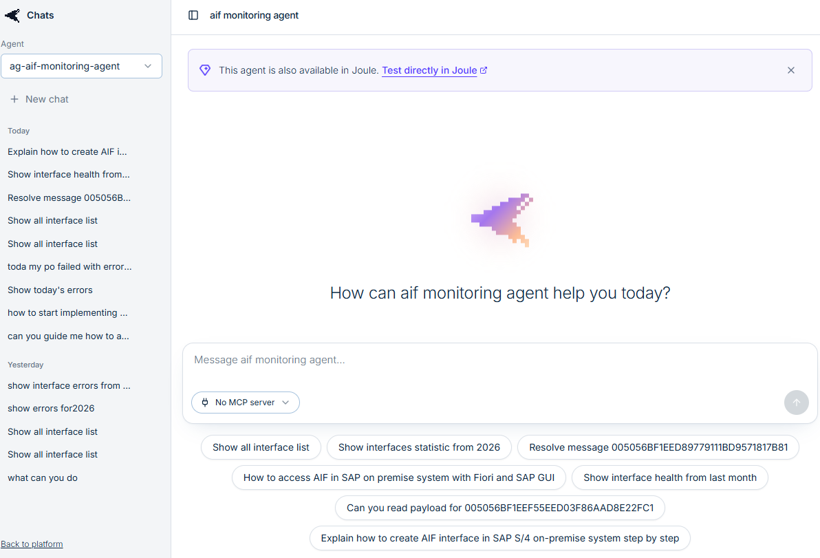 Boidra chat with the AIF monitoring agent selected, a Test directly in Joule banner, conversation history and suggested AIF prompts