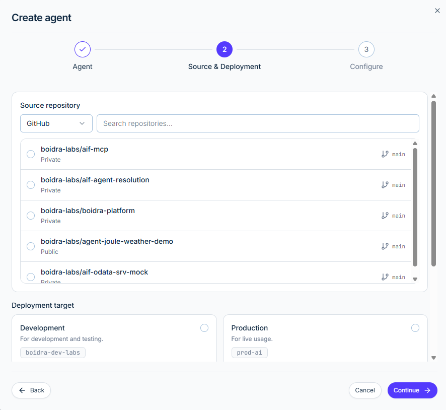Create agent wizard in Boidra Platform at the Source & Deployment step, listing GitHub repositories and the Development and Production deployment targets