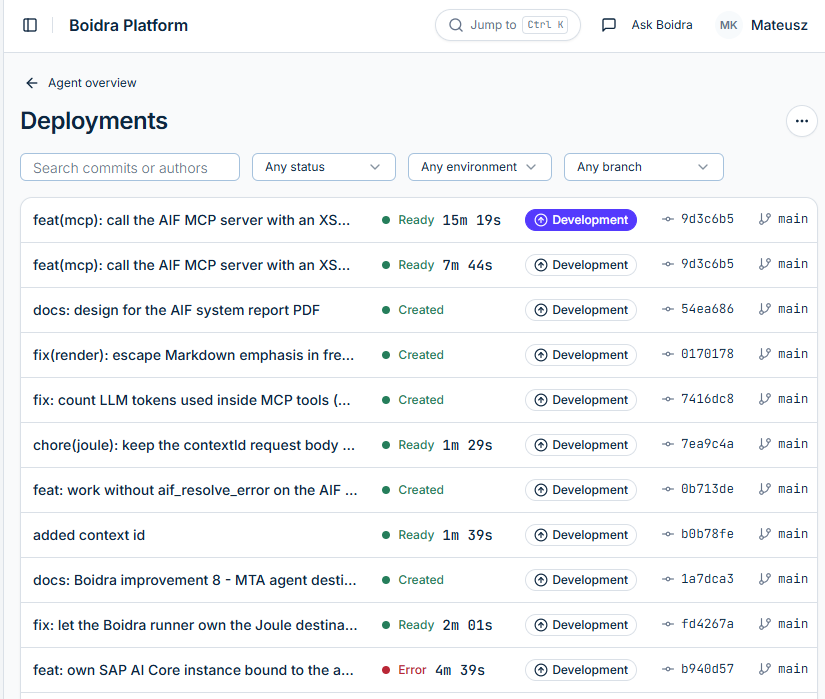 Deployments list in Boidra Platform with commit messages, Ready, Created and Error statuses, durations, environment, commit IDs and branch, plus status, environment and branch filters
