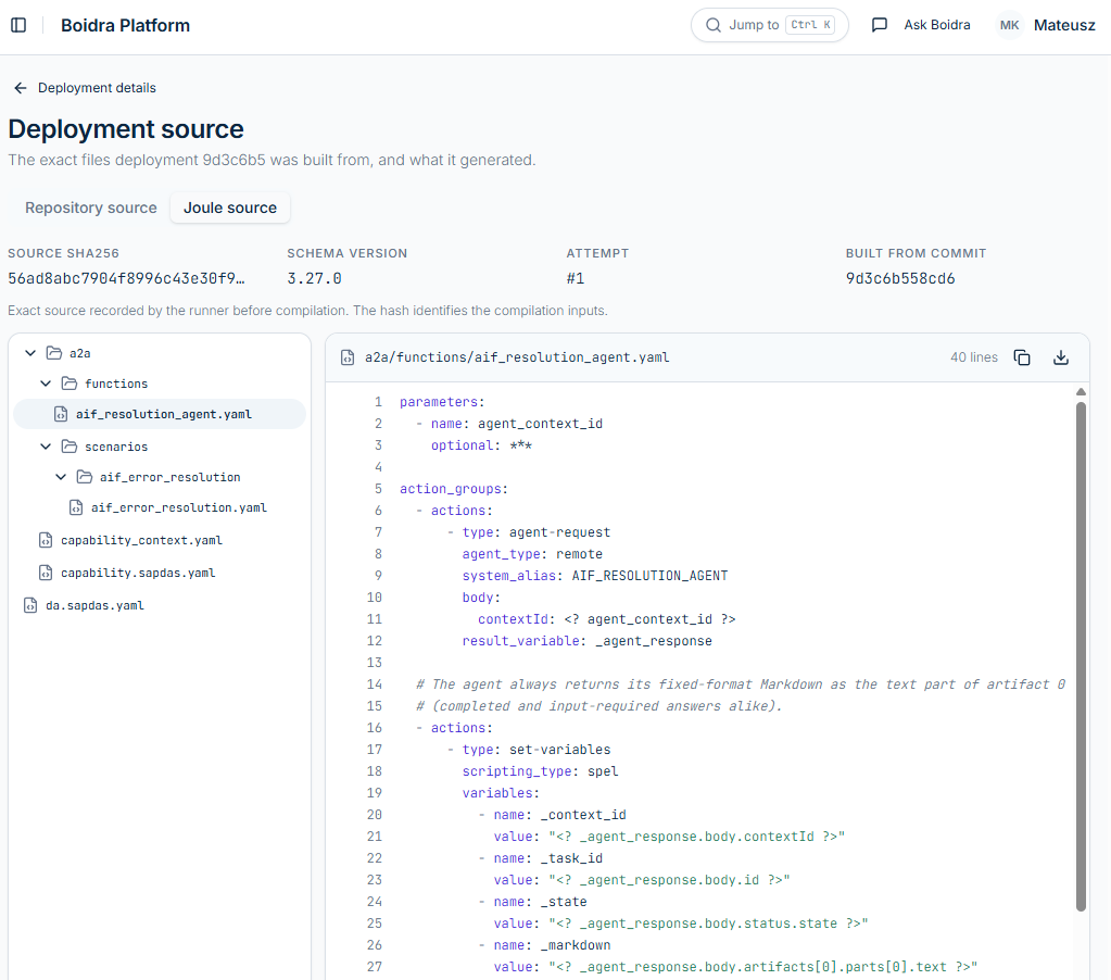 Deployment source view on the Joule source tab with source SHA256, schema version 3.27.0, attempt 1, build commit and a Joule dialog function YAML file