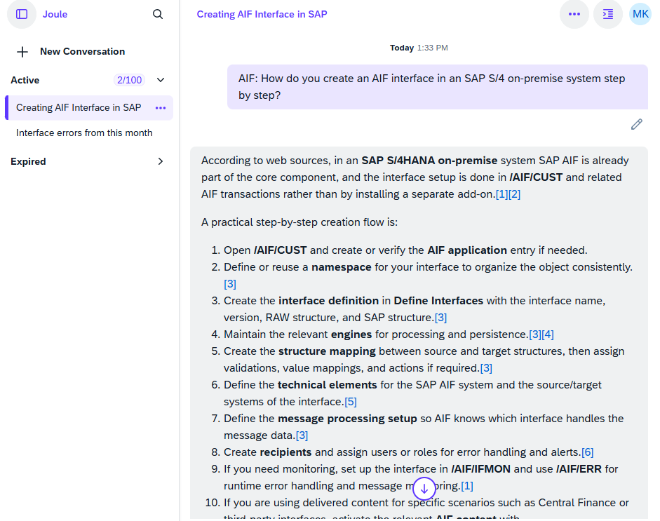 SAP Joule conversation in which the AIF agent explains step by step how to create an AIF interface in SAP S/4HANA on-premise with /AIF/CUST