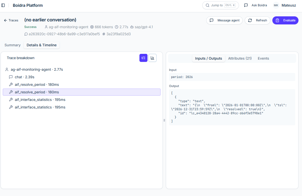Trace details and timeline with chat, aif_resolve_period and aif_interface_statistics spans; the selected tool shows the input period 2026 and the resolved date range as output