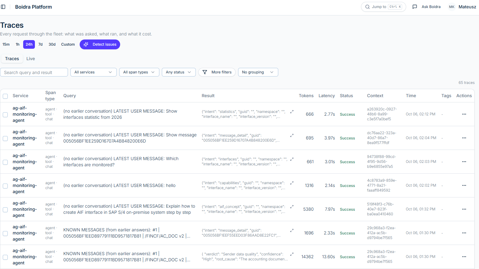 Traces view in Boidra Platform listing AIF monitoring agent requests with query, result, tokens, latency, status, context ID and time