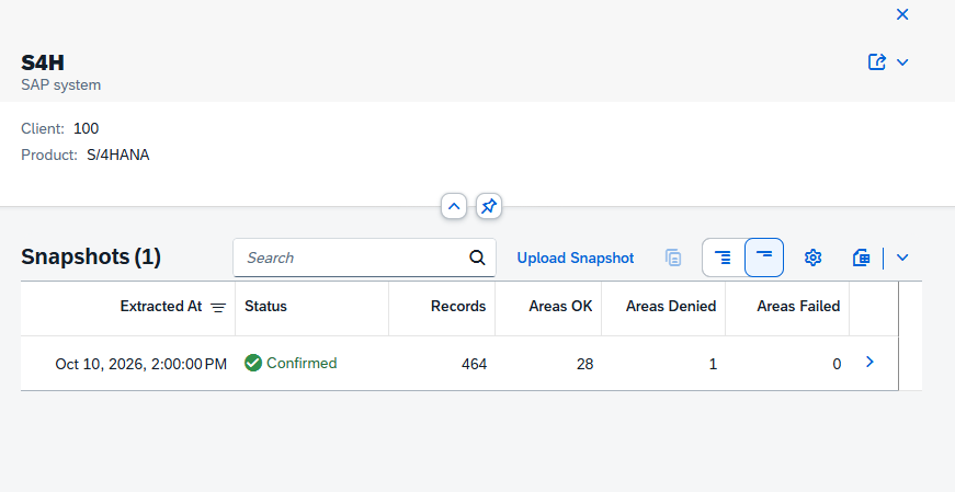 Connectors app, system S4H (client 100, SAP S/4HANA): the snapshot history with one confirmed snapshot extracted on 10 October 2026, with 464 records, 28 areas read and 1 area denied