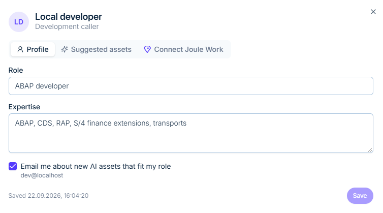 Profile: role and expertise, with an option to be emailed about new assets that fit